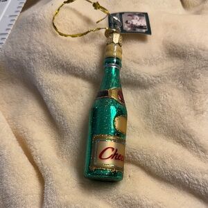 Teal Glitter Champagne Bottle Ornament with Gold Labeling